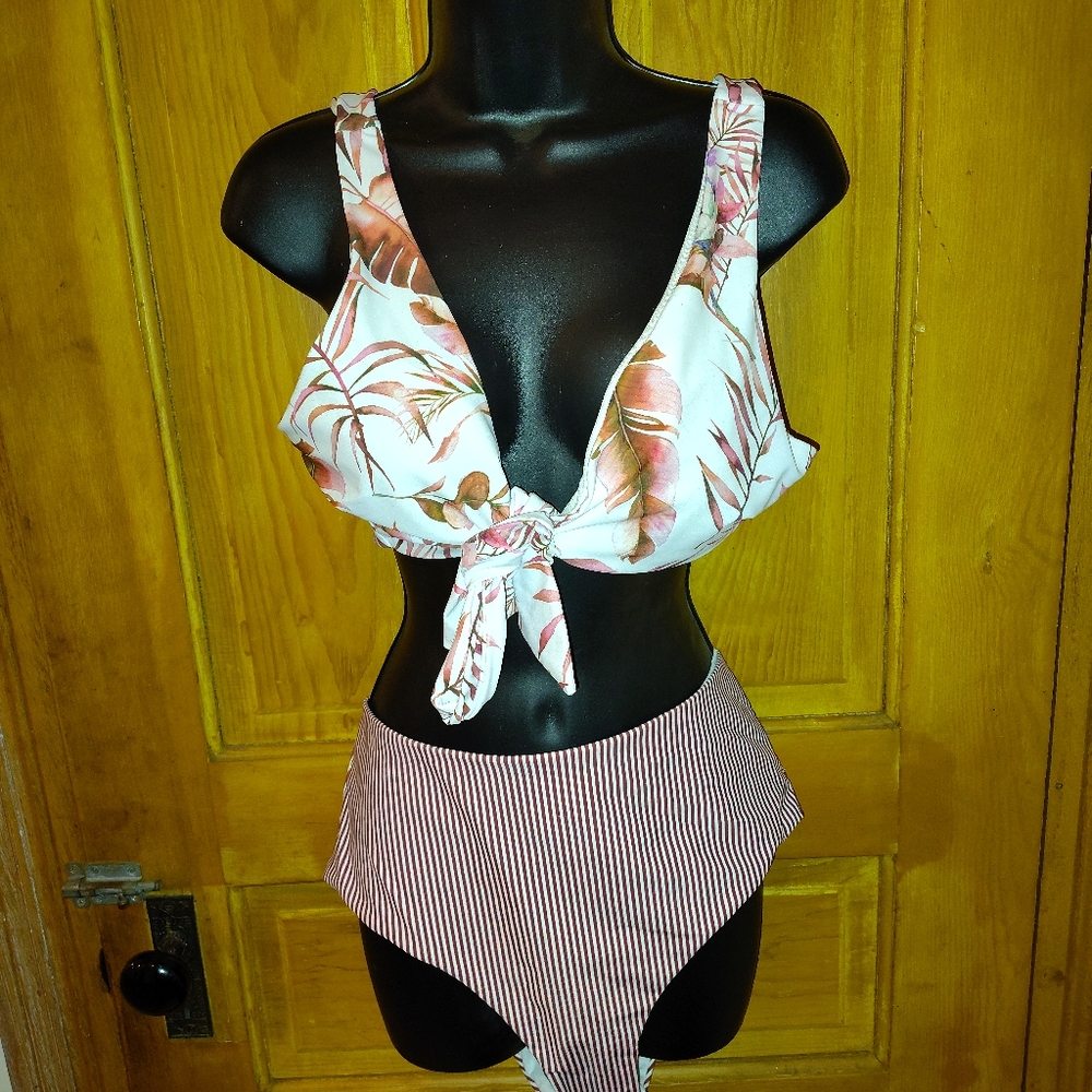 Floral and Striped Bikini Set